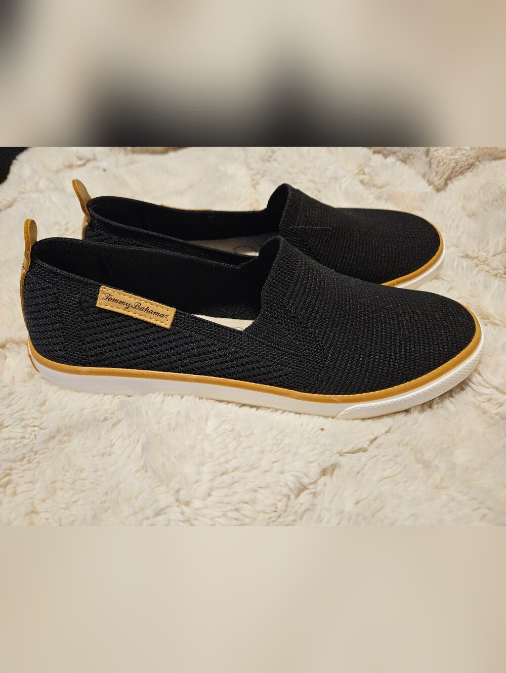 Tommy Bahama Black Knit Slip-On Flats with Gold Trim